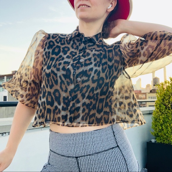 Zara Transparent Leopard Puff Sleeve Crop Blouse - Picture 5 of 16